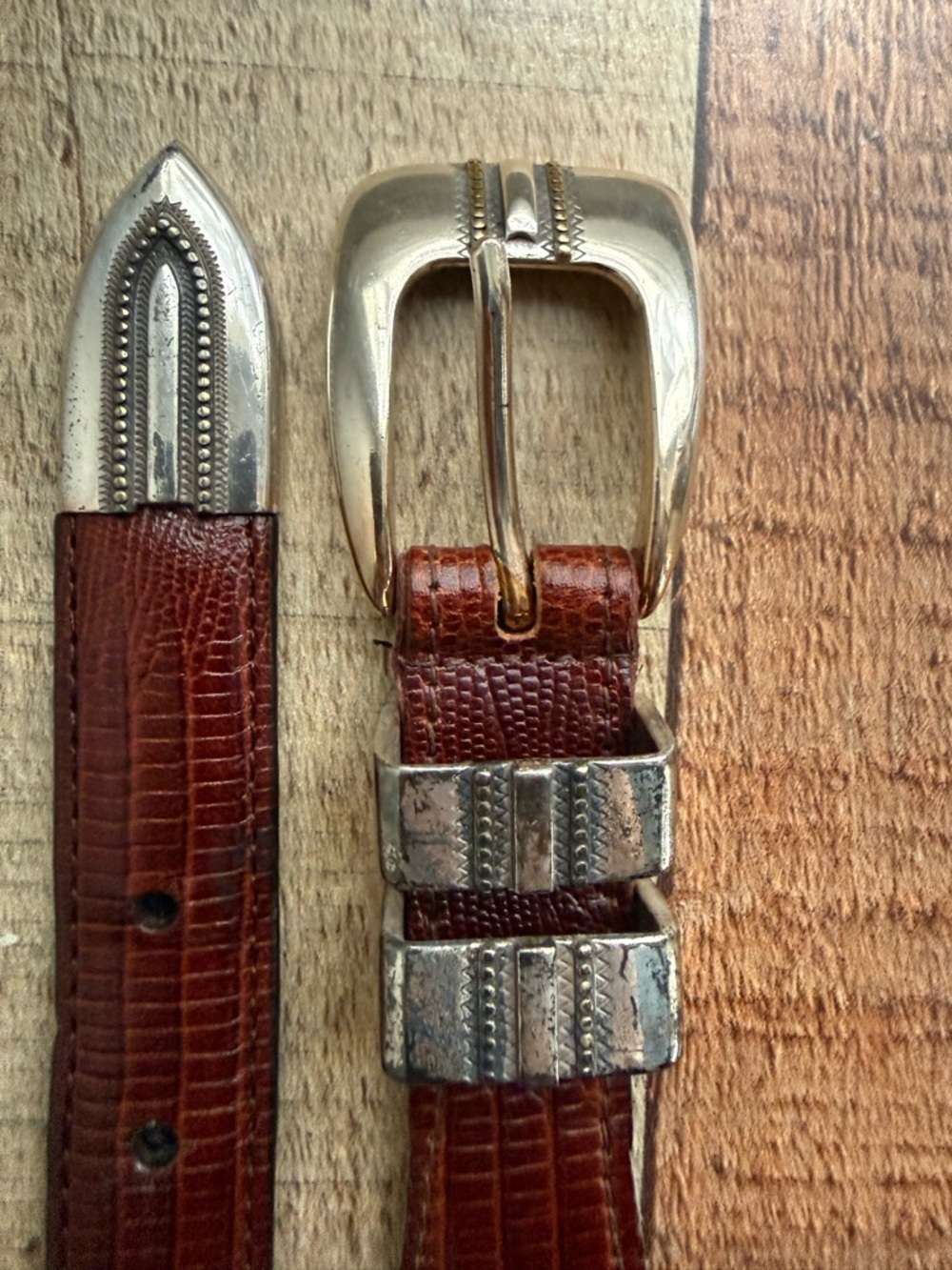 Brown Leather Belt – Size 38 – Western Boho Silver Hardware